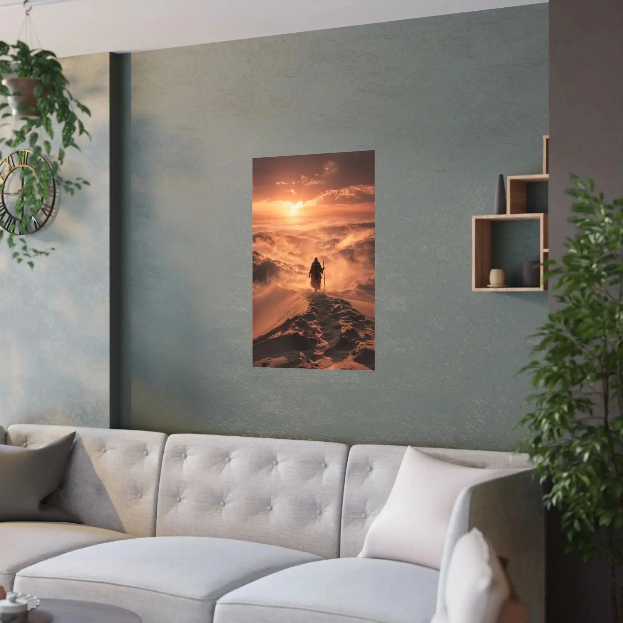 Desert Wanderer Satin Poster — Dramatic Sunset Silhouette Wall Art Printify