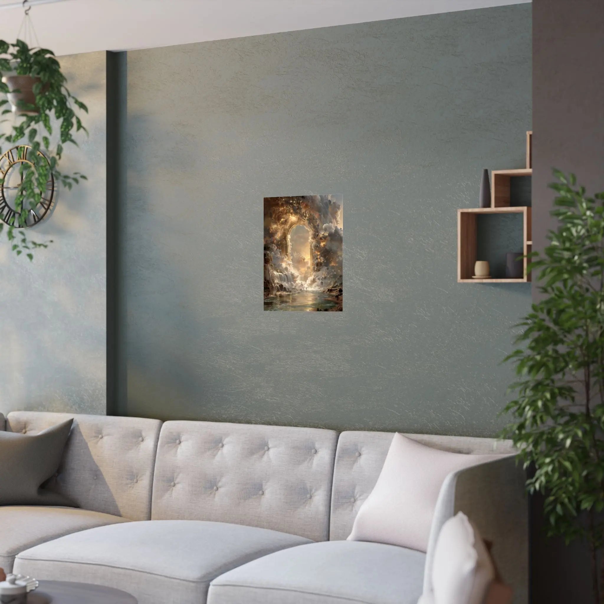 Heavenly Arch Satin Poster — Ethereal Golden Clouds & Waterfall Wall Art Printify