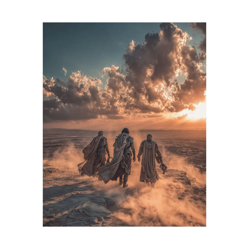 Desert Wanderers Satin Poster – Cinematic Sunset Adventure Wall Art Printify