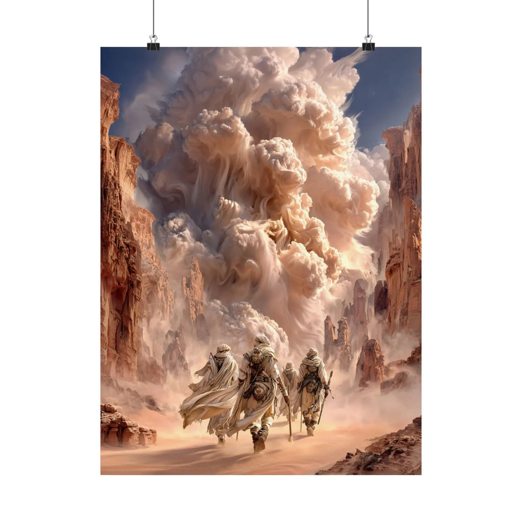 Desert Pilgrimage Satin Poster — Dramatic Sandstorm Fantasy Wall Art Printify