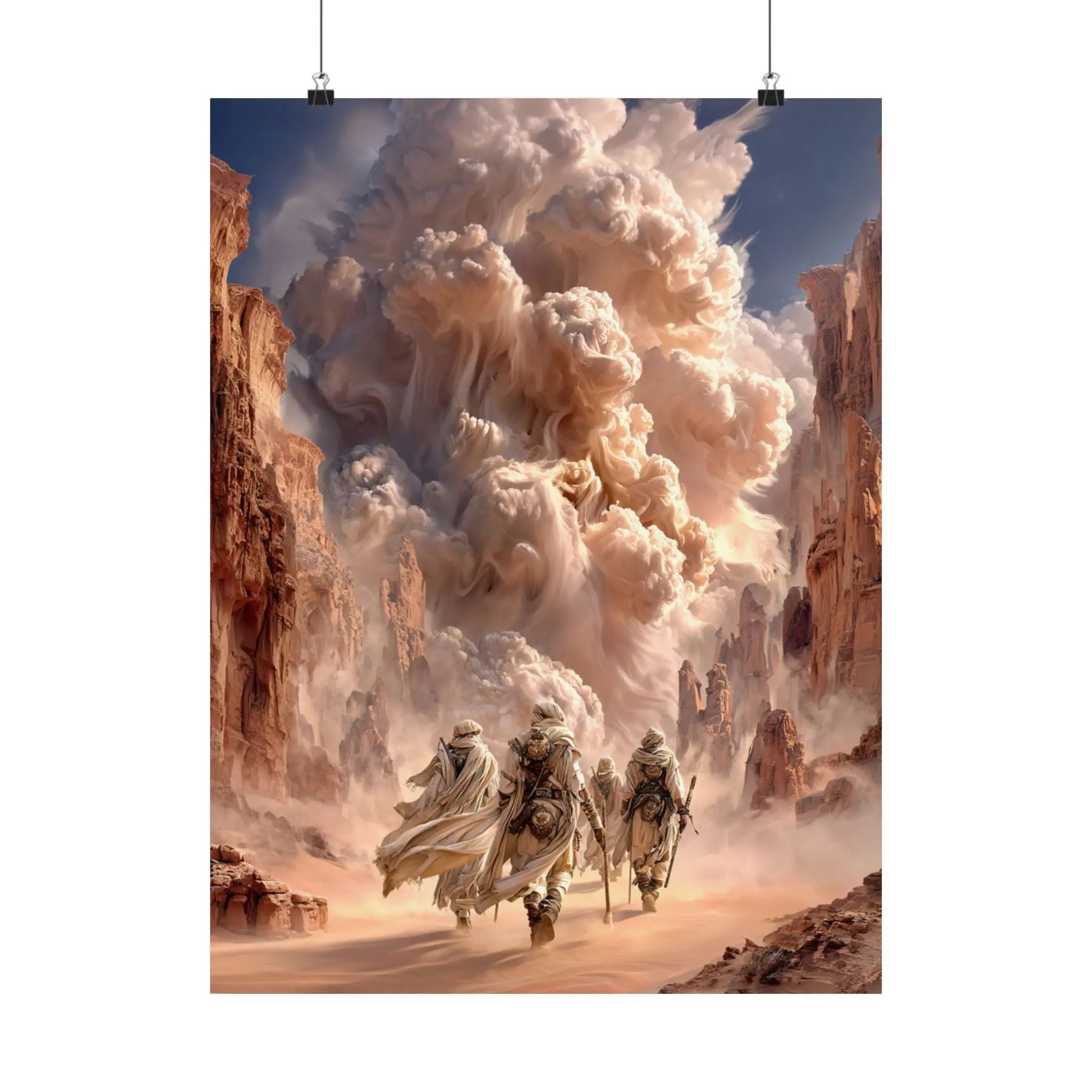 Desert Pilgrimage Satin Poster — Dramatic Sandstorm Fantasy Wall Art Printify