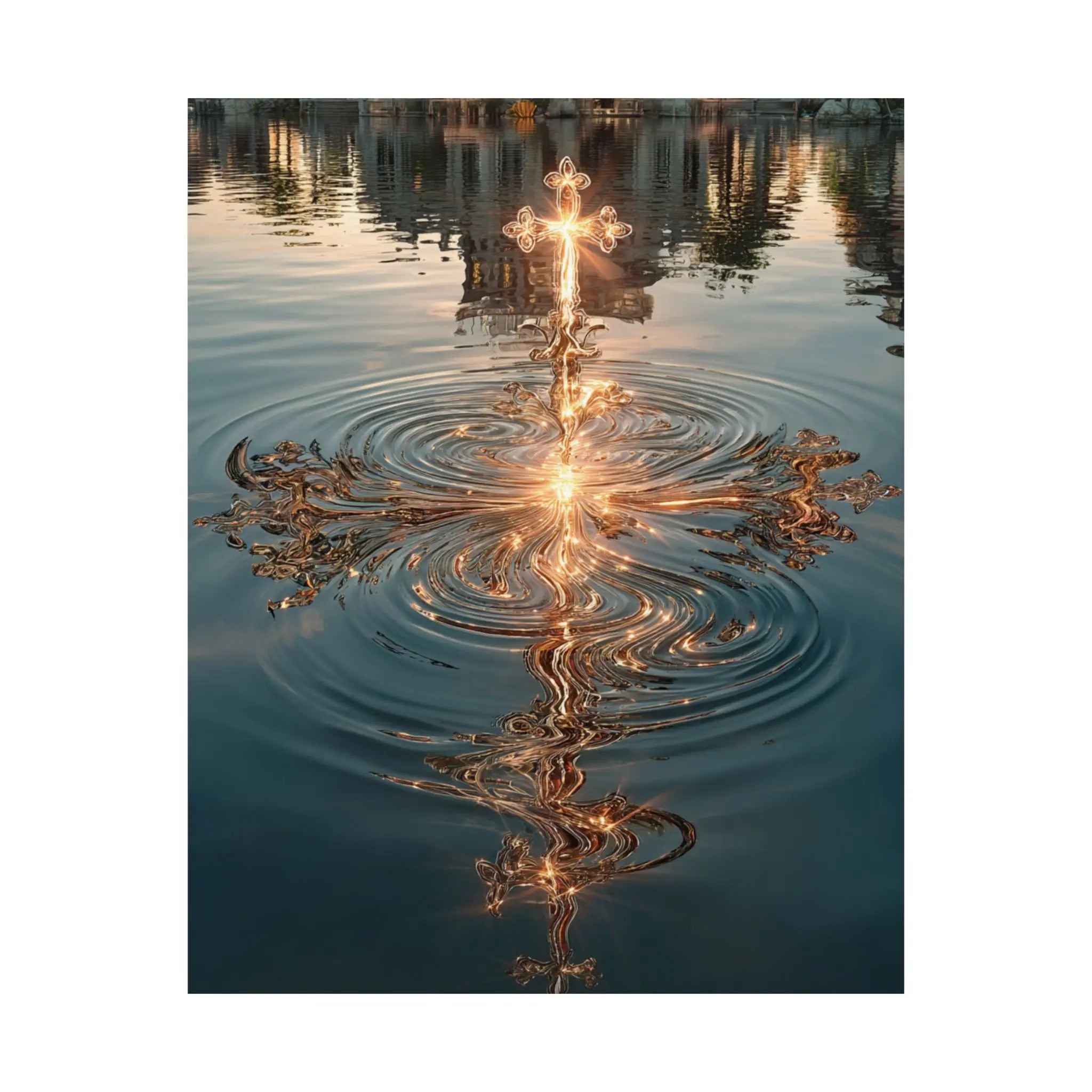 Satin Poster — Golden Cross Water Reflection Art Print Printify