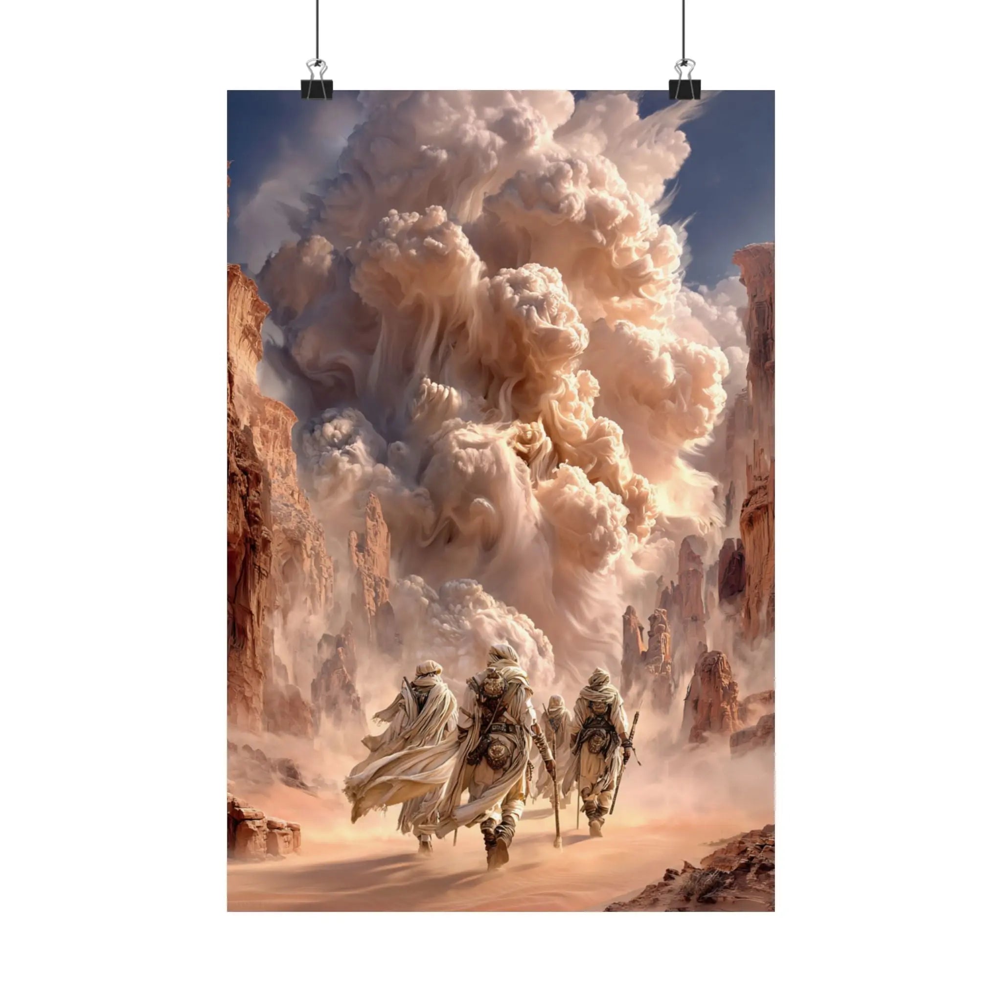 Desert Pilgrimage Satin Poster — Dramatic Sandstorm Fantasy Wall Art Printify