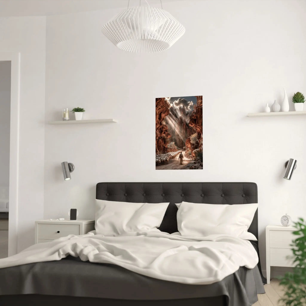 Satin Poster — Shepherd in Sunlit Canyon Art Print Printify