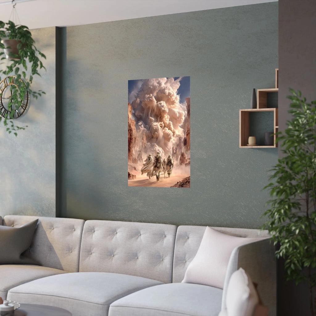 Desert Pilgrimage Satin Poster — Dramatic Sandstorm Fantasy Wall Art Printify