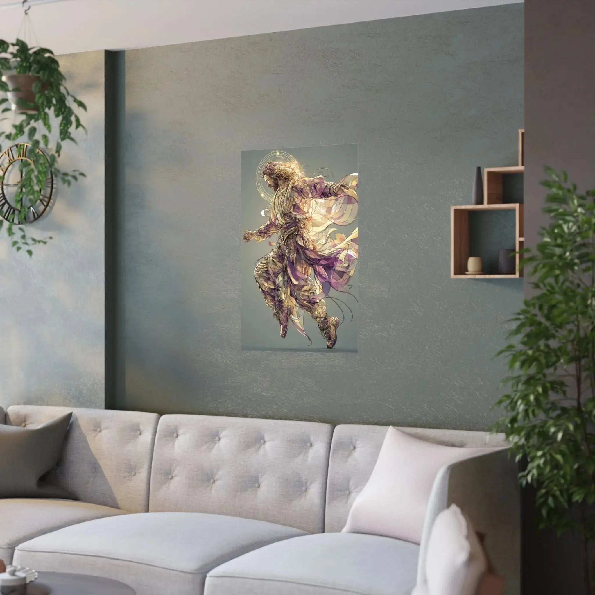 Jesus Christ Satin Poster — Ethereal Gold & Purple Religious Wall Art Printify