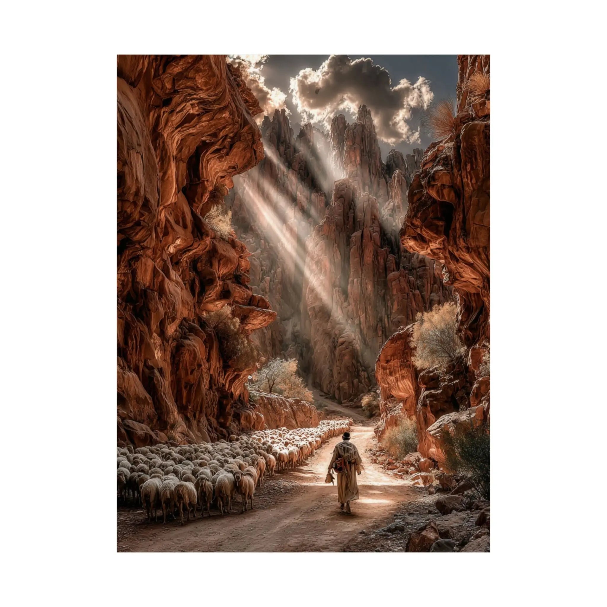 Satin Poster — Shepherd in Sunlit Canyon Art Print Printify