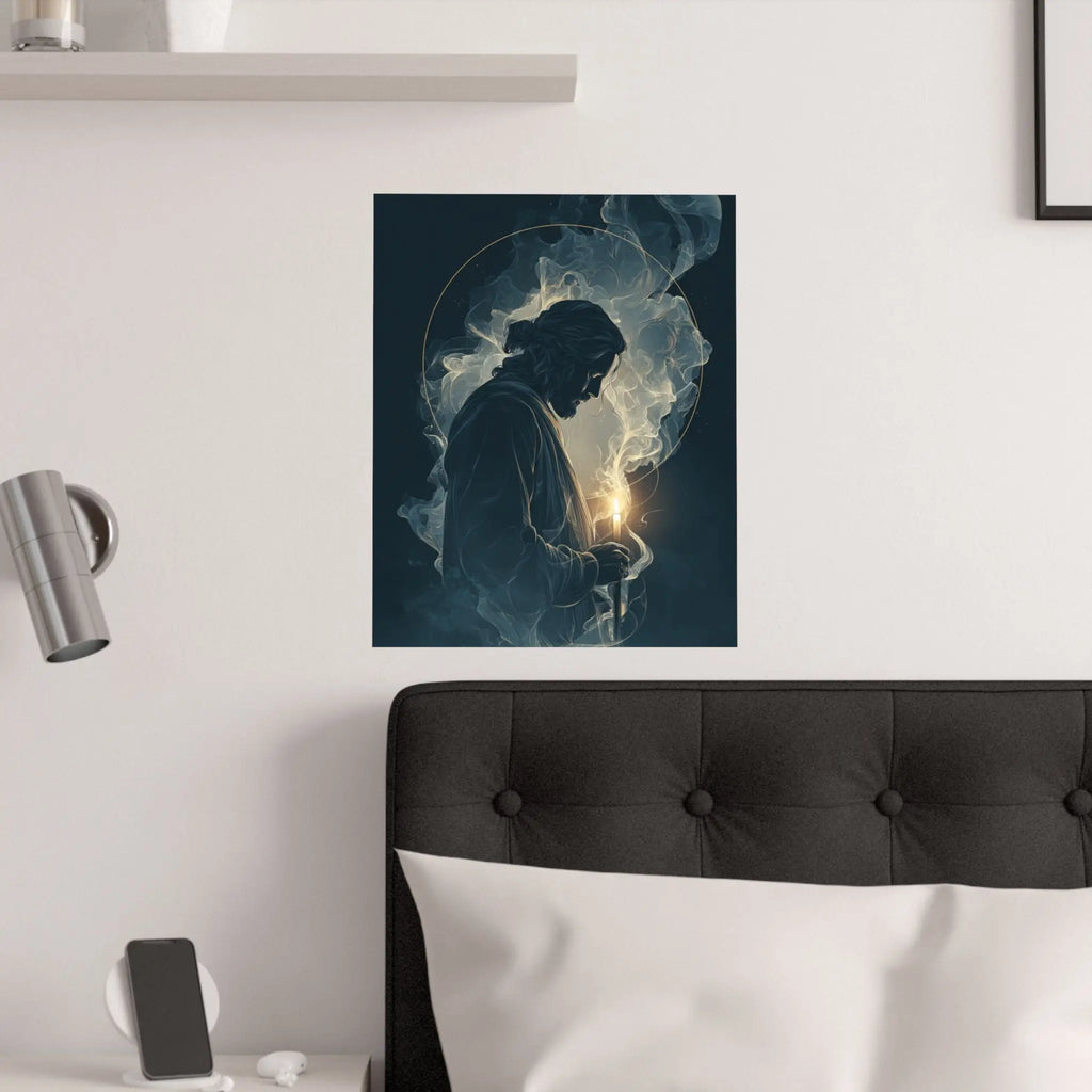 Jesus with Candle Satin Poster — Spiritual Religious Wall Art Printify