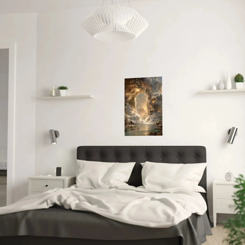 Heavenly Arch Satin Poster — Ethereal Golden Clouds & Waterfall Wall Art Printify