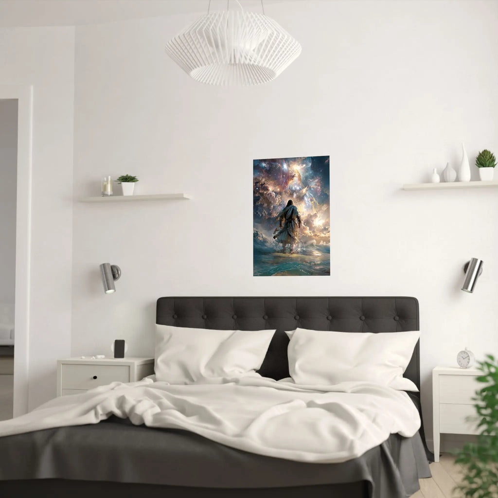 Religious Satin Poster — 'Walking on Water' Inspirational Wall Art Printify