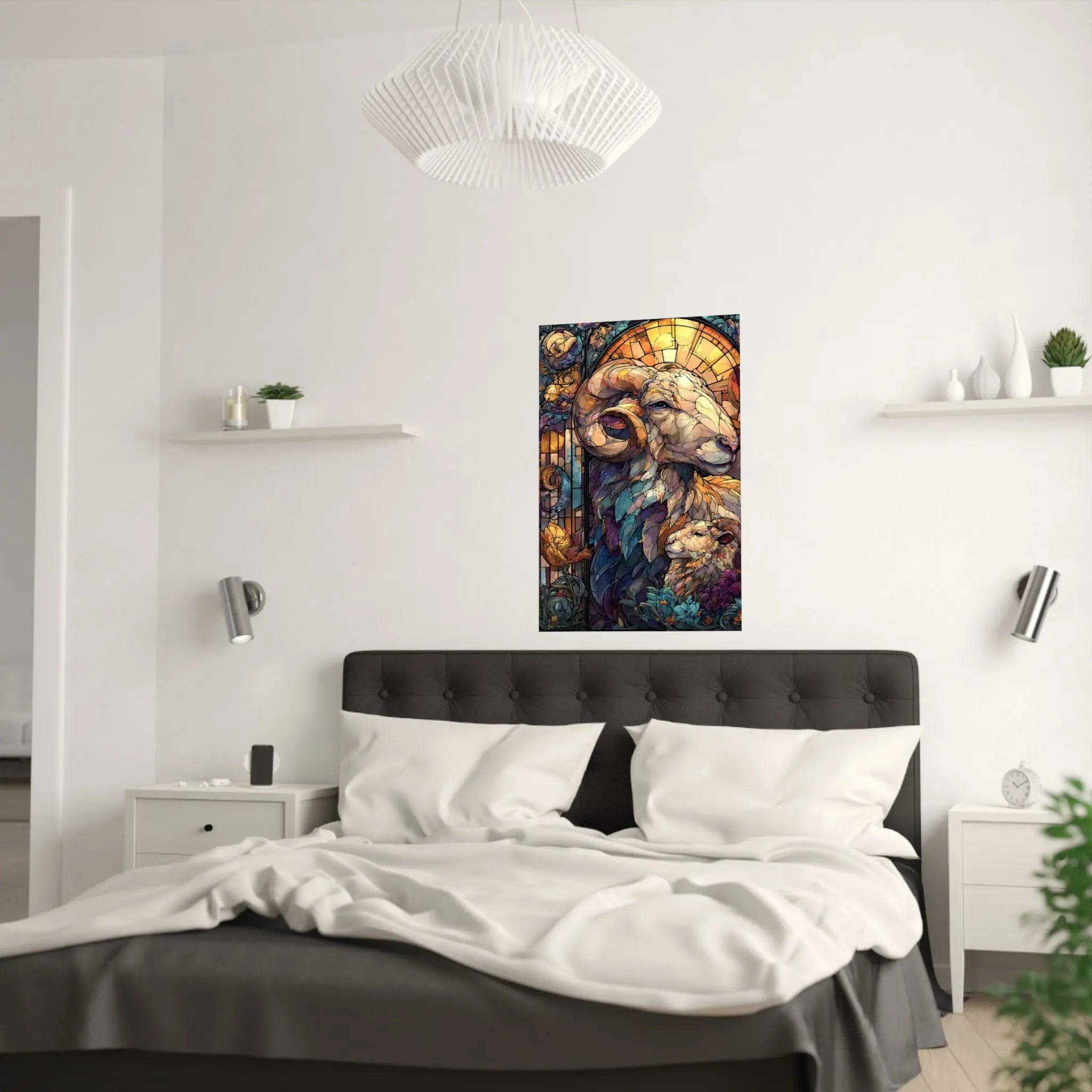 Stained Glass Ram Satin Poster — Zodiac Aries Art Print Printify