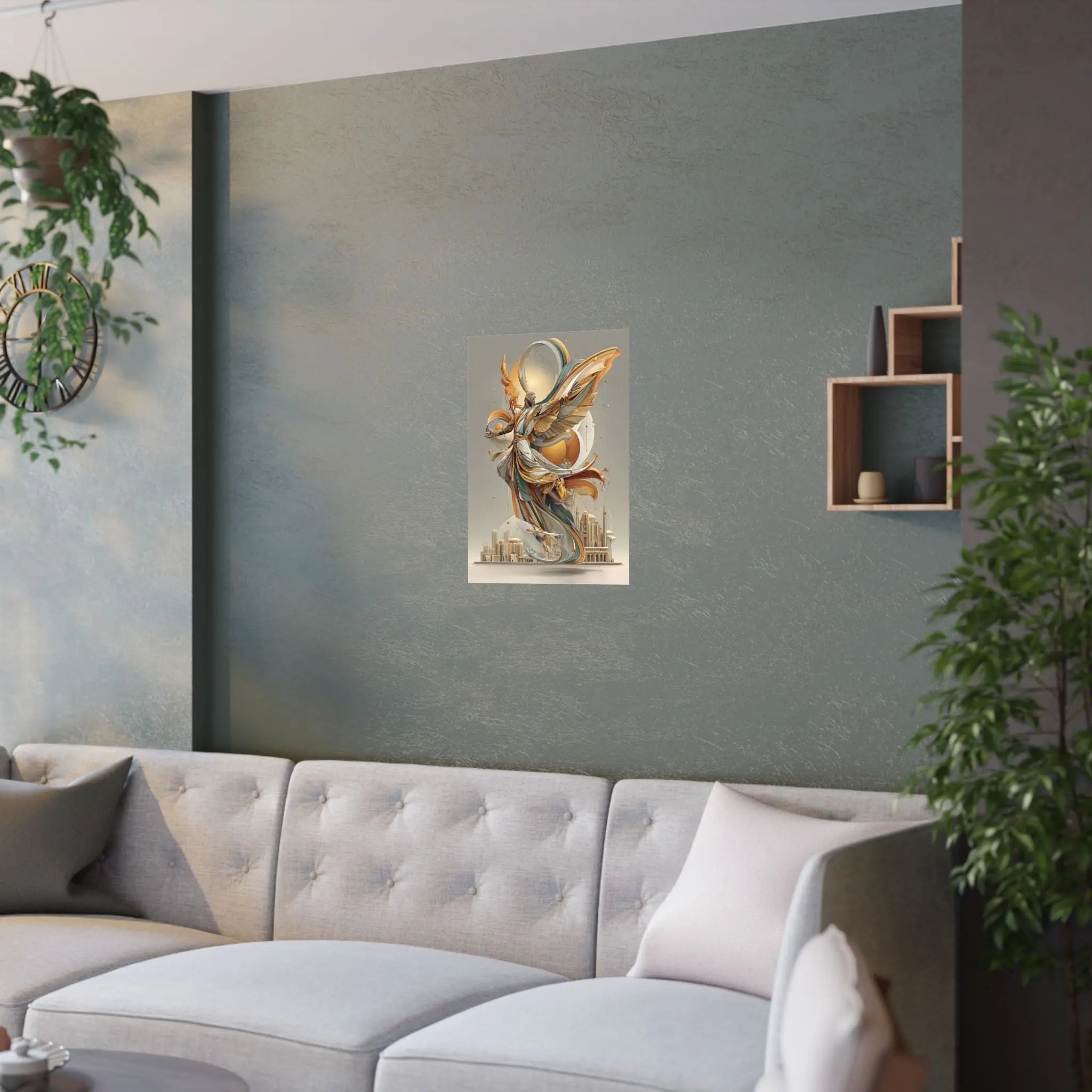 Satin Art Poster — Golden Angel Cityscape (210gsm) Printify