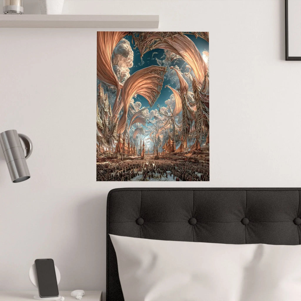 Surreal Cityscape Satin Poster — Dreamlike Bronze Canopy Art Print Printify