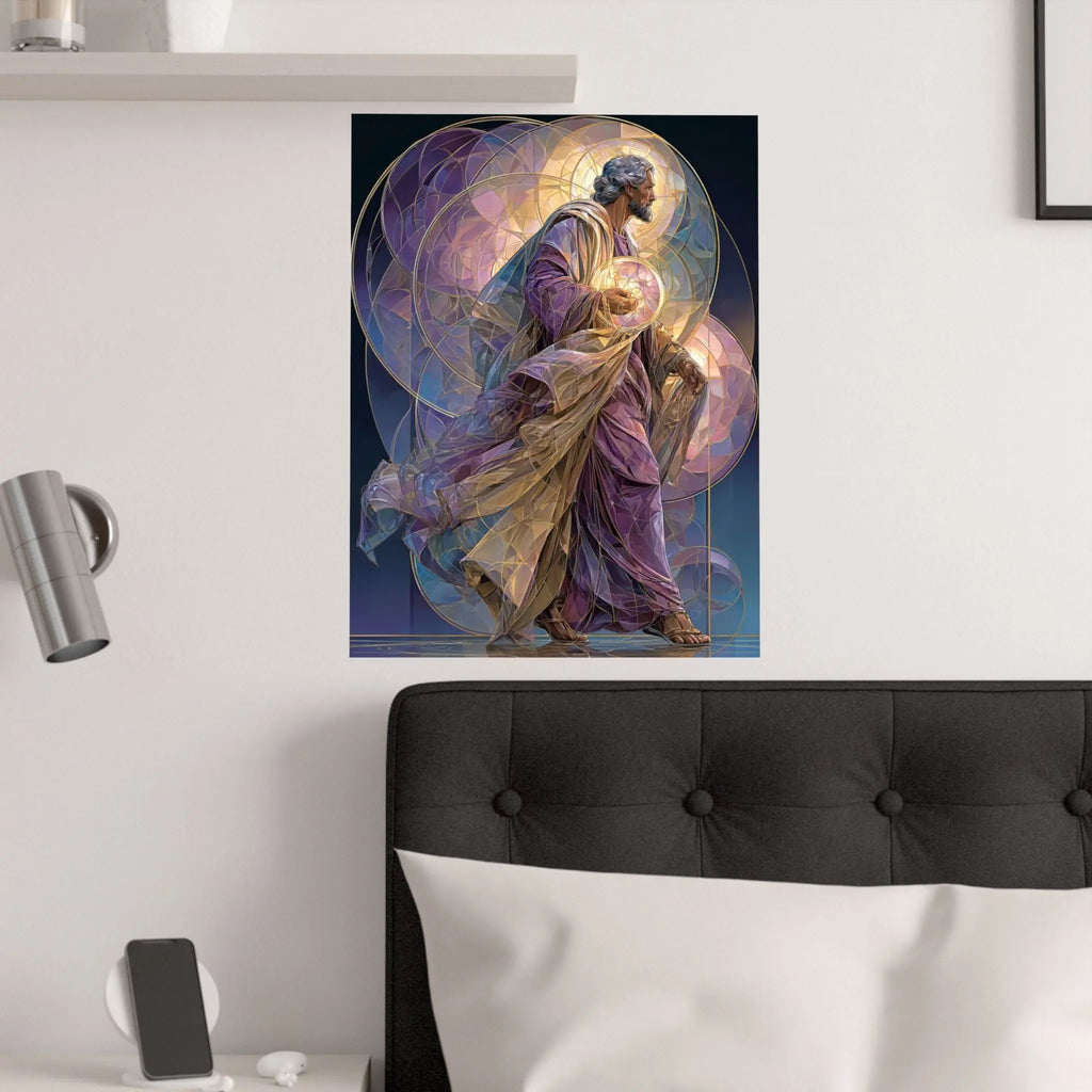 Religious Art Poster — Stained-Glass Saint Holding Orb Satin Print Printify