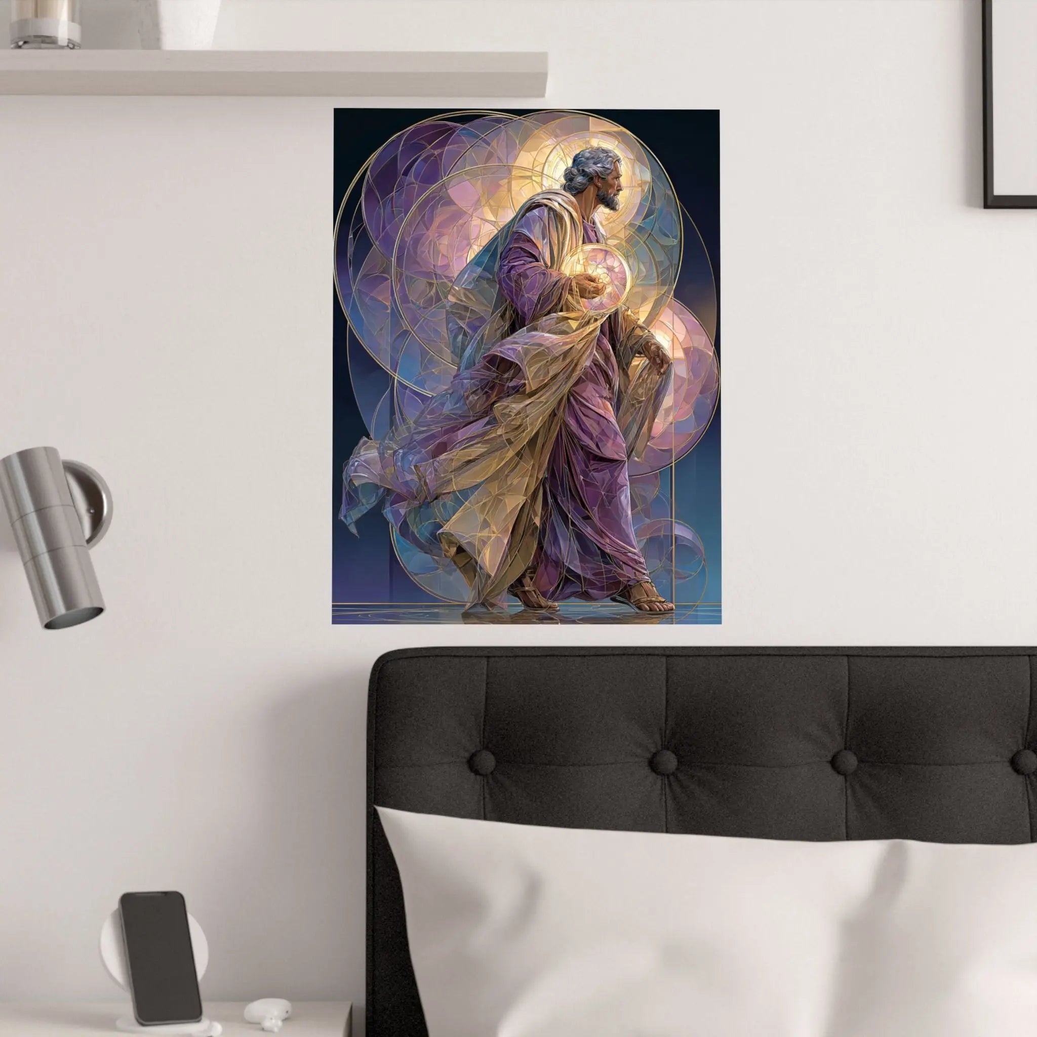 Religious Art Poster — Stained-Glass Saint Holding Orb Satin Print Printify