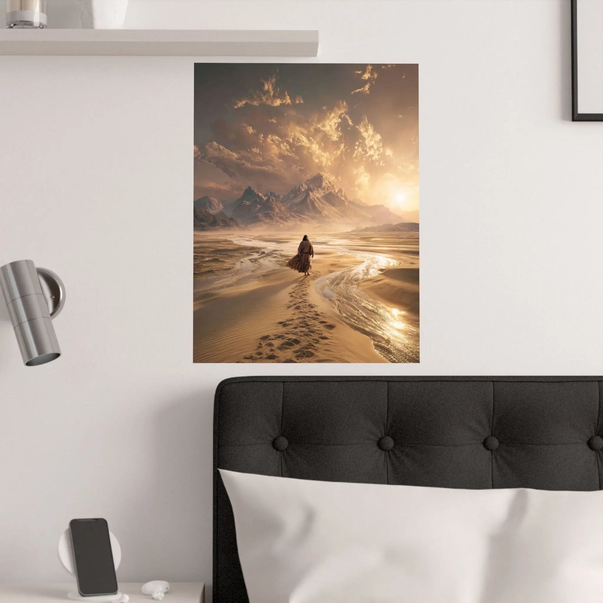 Jesus in The Dessert Satin Poster — Epic Sunset Landscape Wall Art (210gsm) Printify