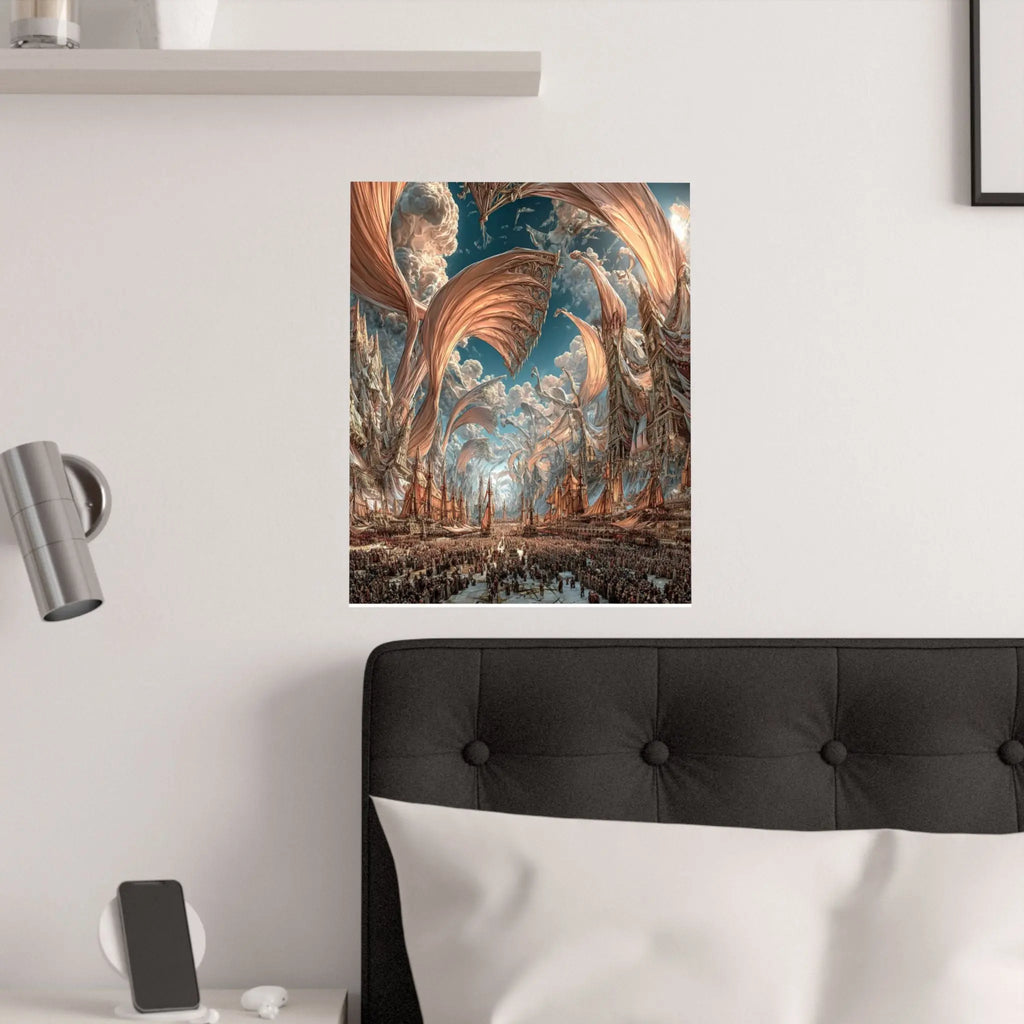 Surreal Cityscape Satin Poster — Dreamlike Bronze Canopy Art Print Printify