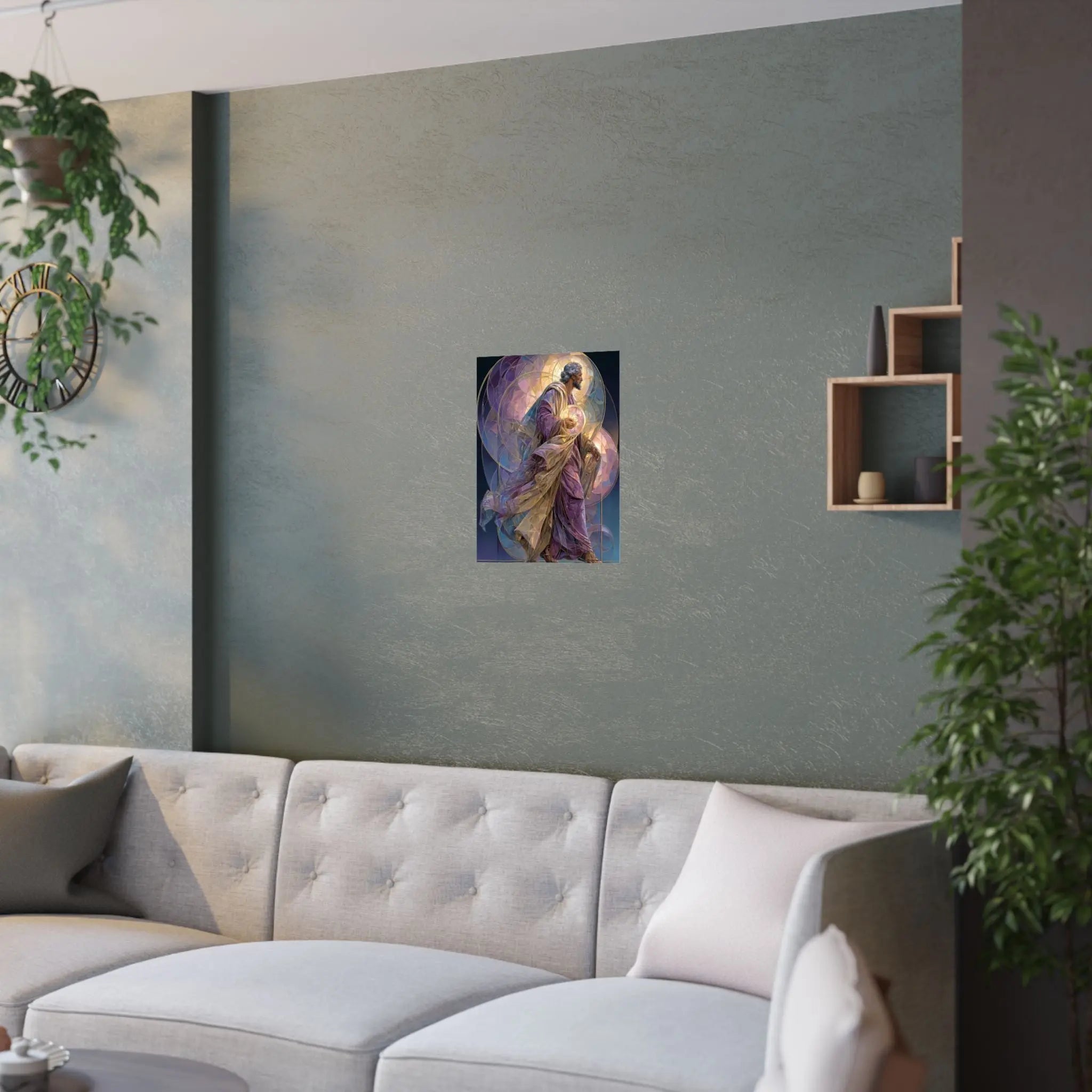 Religious Art Poster — Stained-Glass Saint Holding Orb Satin Print Printify