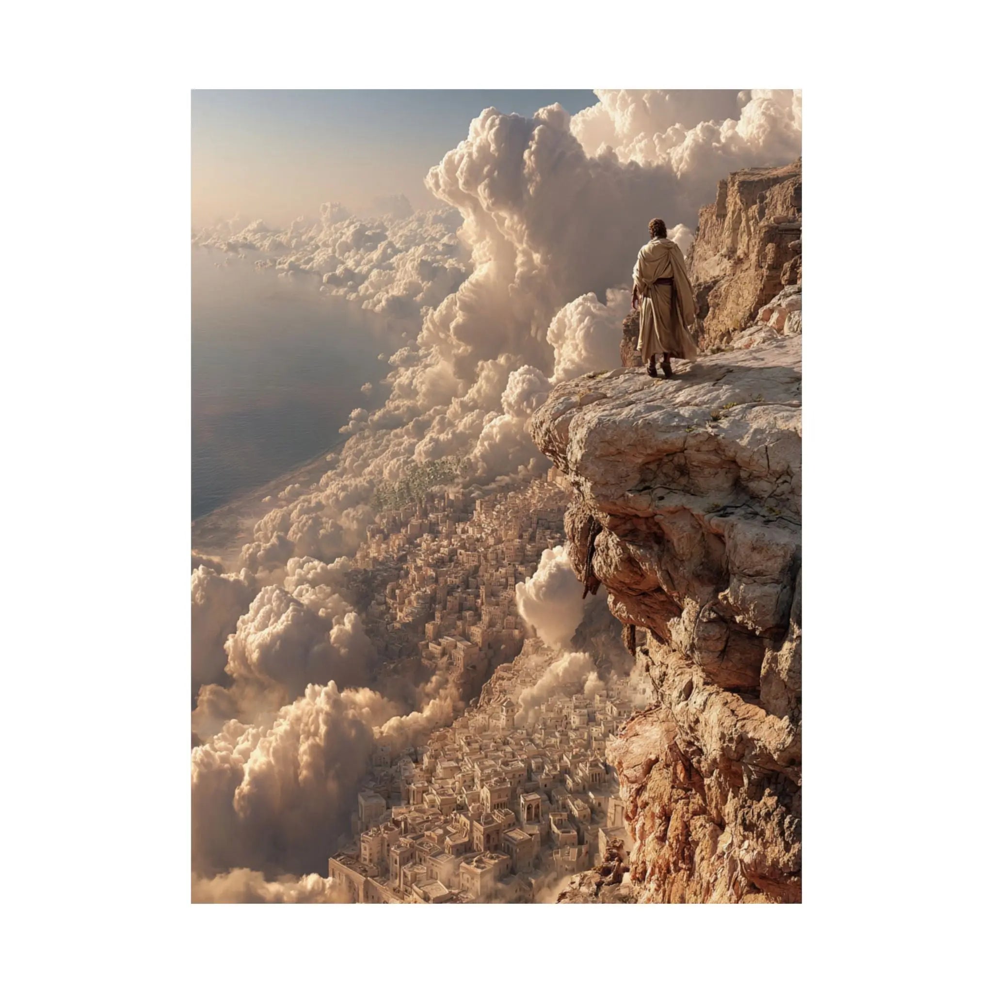 Satin Poster — Solitary Figure on Cliff Above Golden Clouds (210gsm) Printify