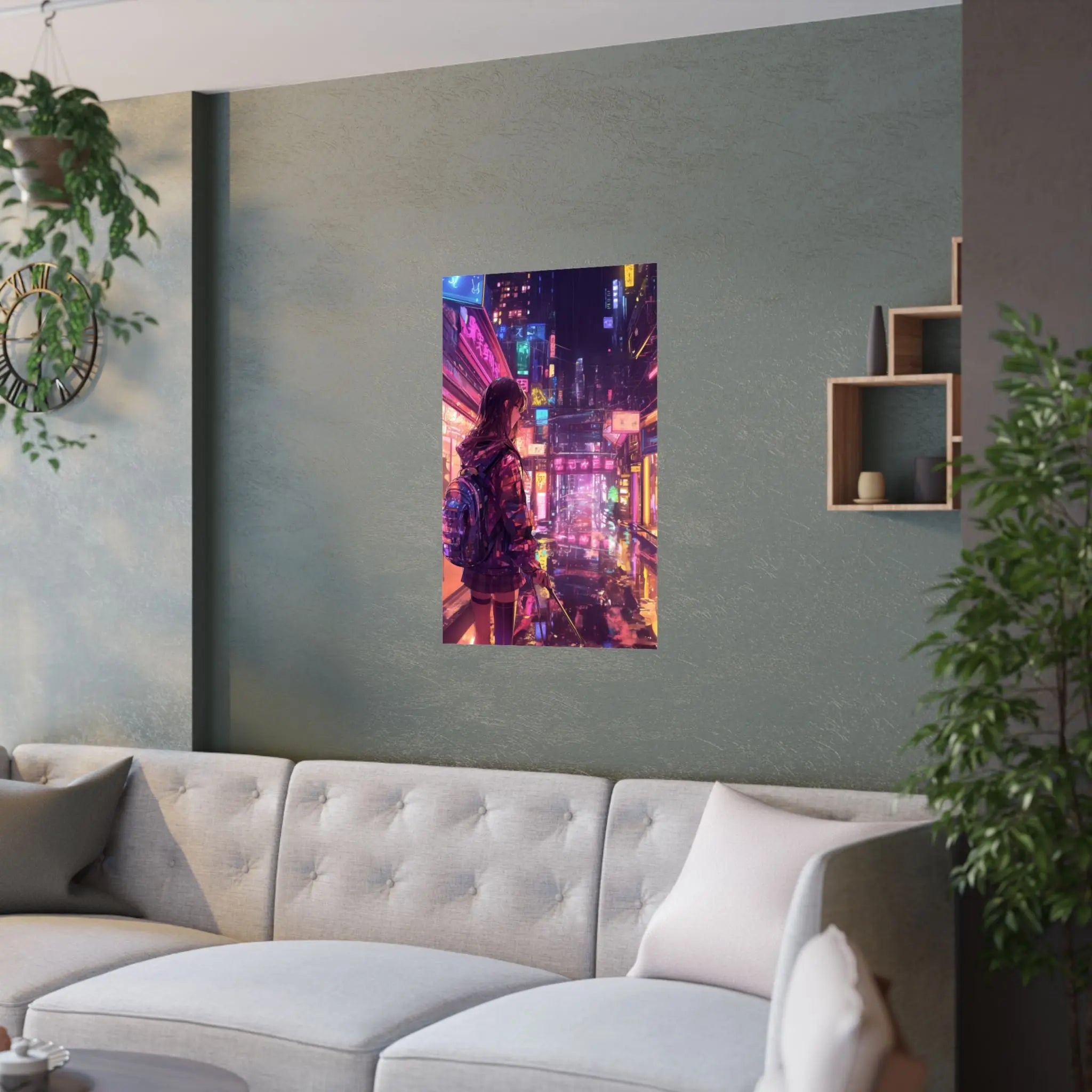 Satin Poster — Neon Cyber City Girl (210gsm) Printify