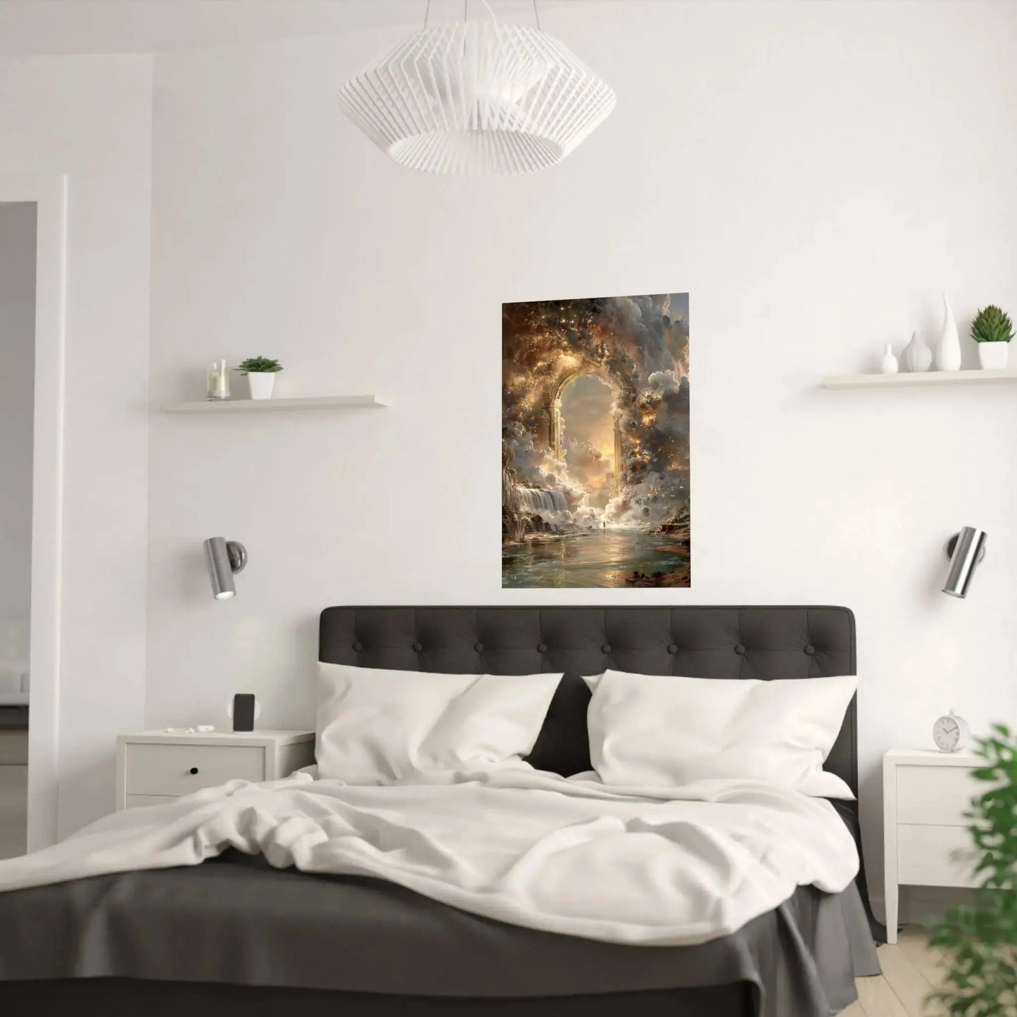 Heavenly Arch Satin Poster — Ethereal Golden Clouds & Waterfall Wall Art Printify