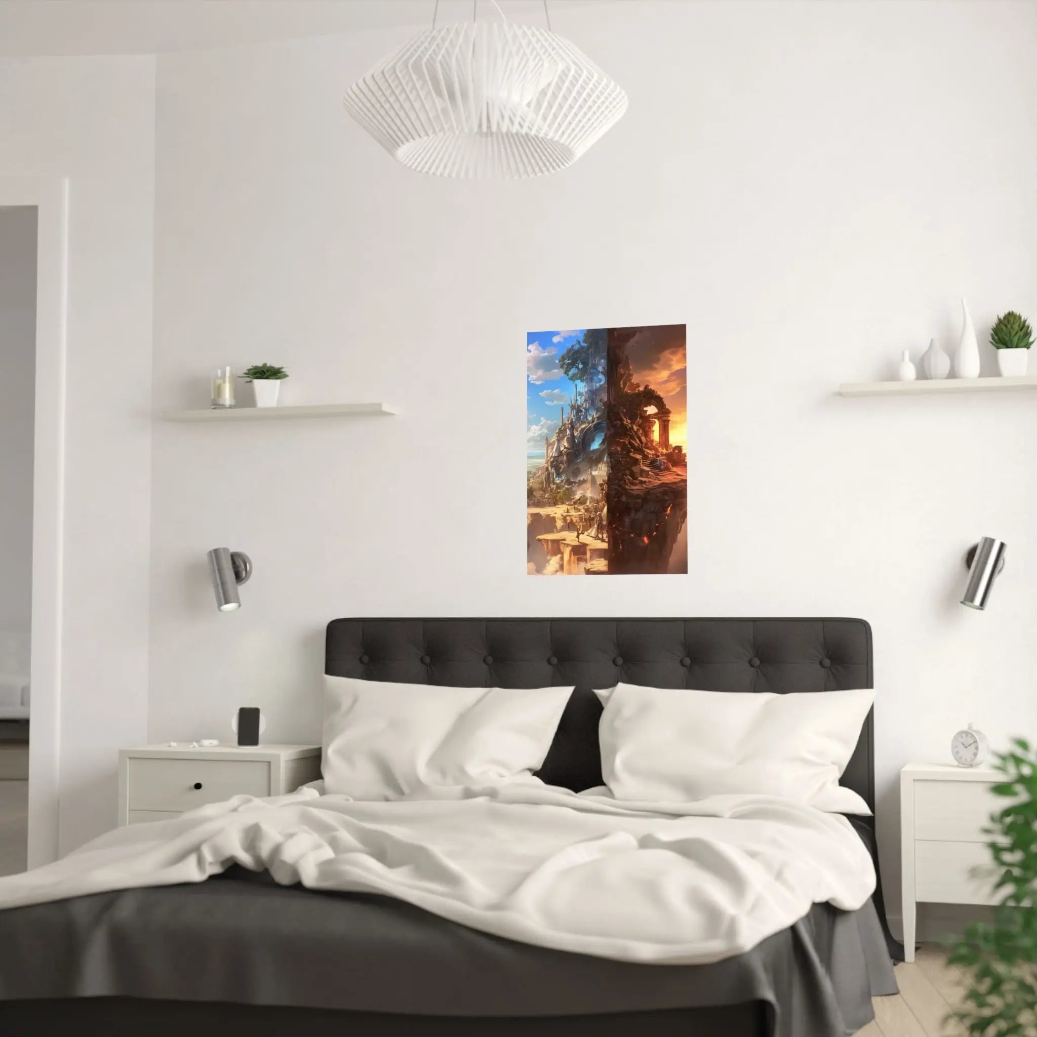 Fantasy Split-World Satin Poster (210gsm) — Day & Night Landscape Art Print Printify