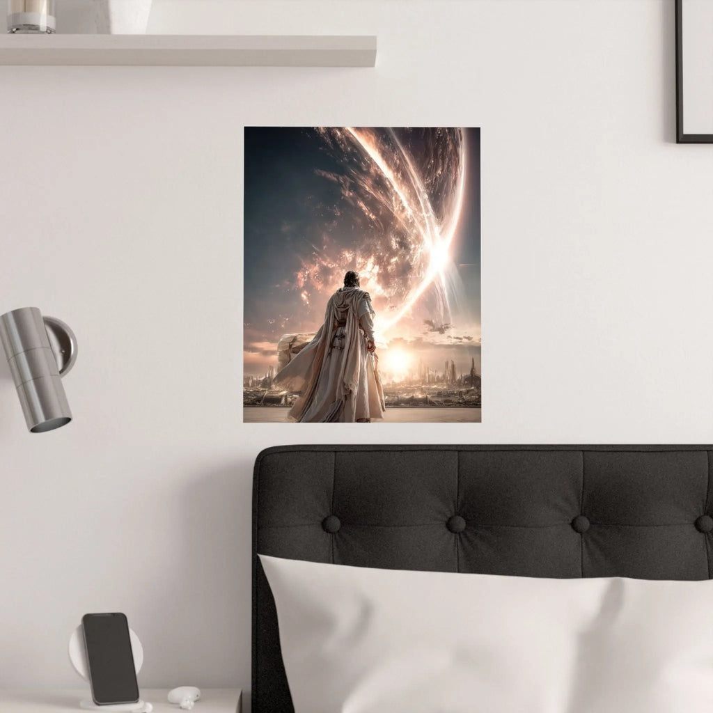 Epic Sci‑Fi Poster — Lone Figure Walking Toward Stellar City (Satin 210gsm) Printify