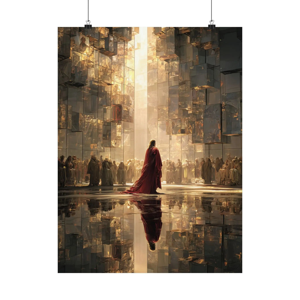 Satin Poster — Jesus in Regal Red Cloak in Golden Reflective Cityscape Printify