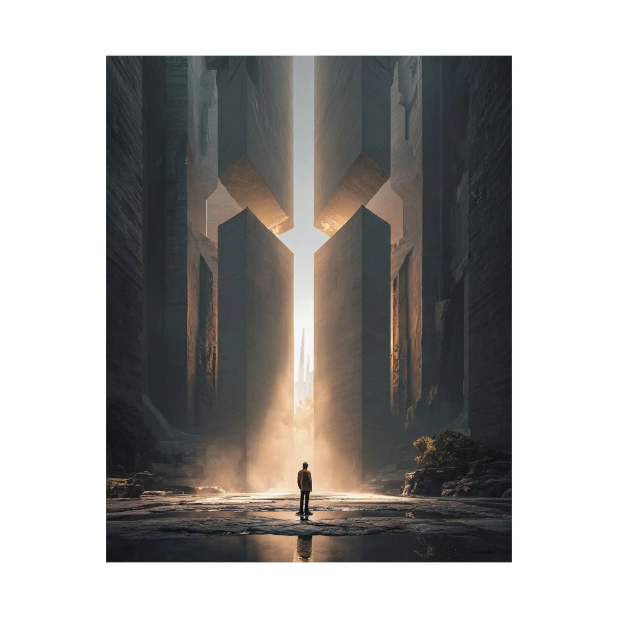 Satin Poster — Solitary Figure at Golden Gateway (Large Art Print) Printify