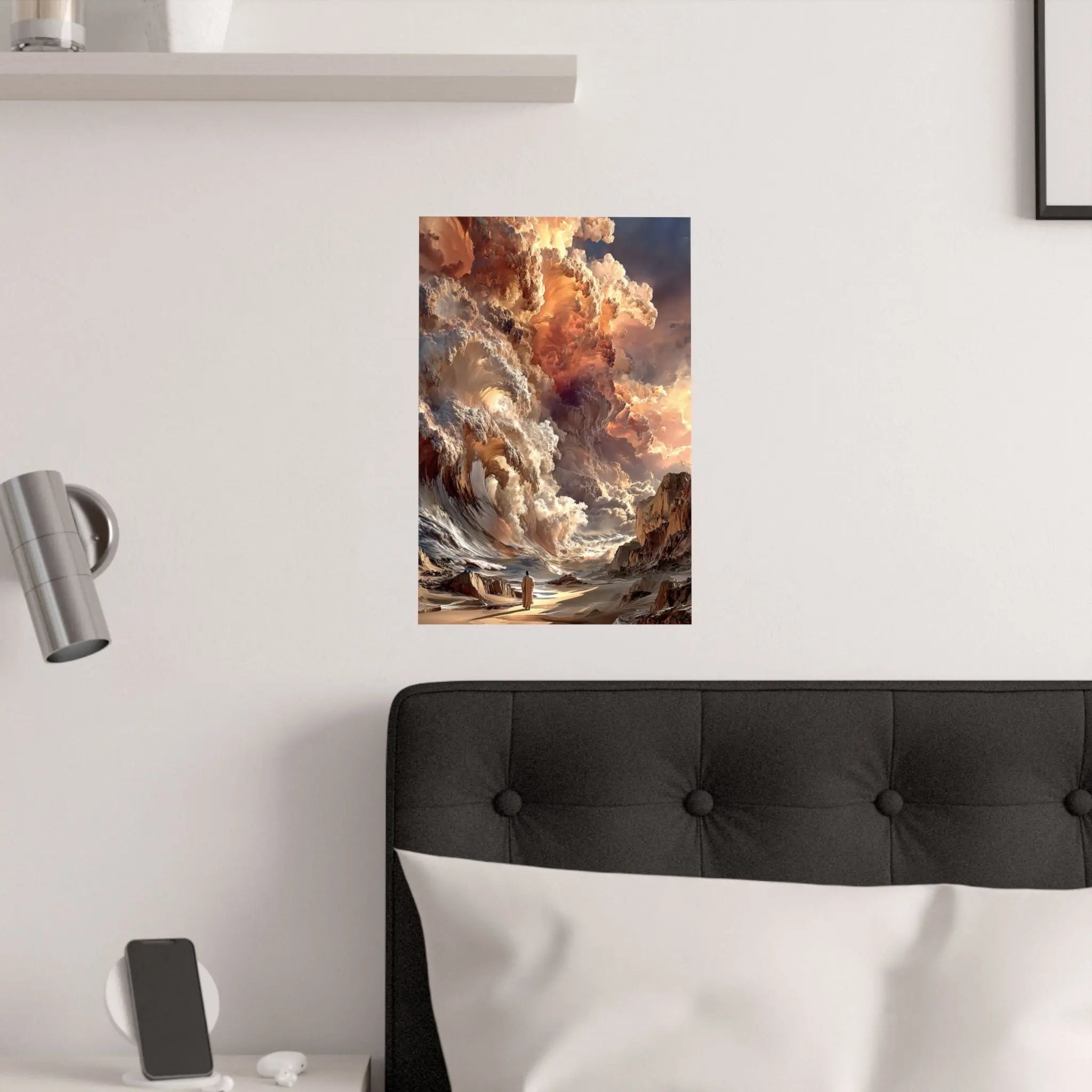 Epic Fantasy Cloudscape Satin Poster — Lone Wanderer in Fiery Sky (210gsm) Printify