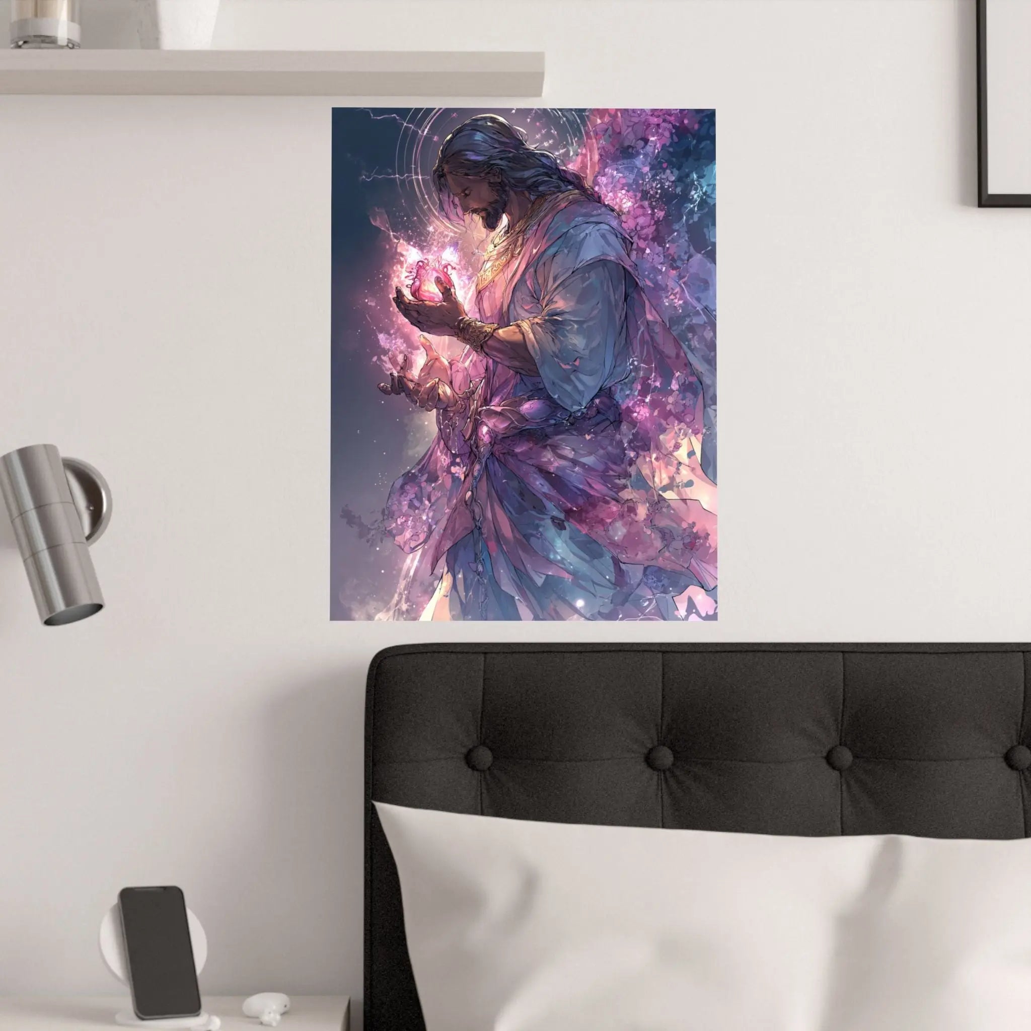 Satin Poster — Radiant Christ Holding Heart Illustration (210gsm) Printify