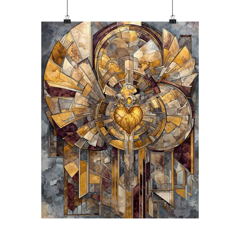 Satin Poster — Golden Sacred Heart Stained-Glass Art Print Printify