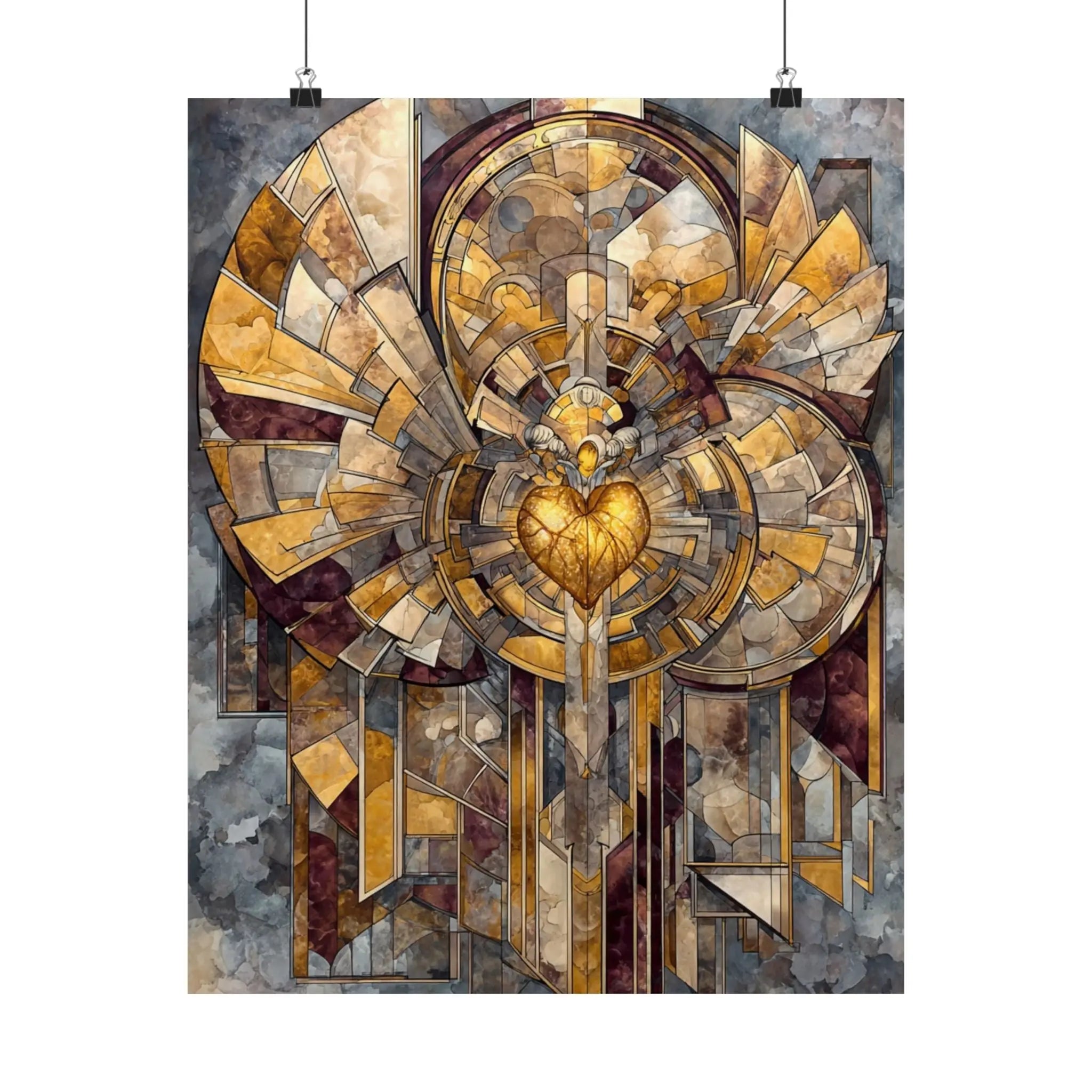 Satin Poster — Golden Sacred Heart Stained-Glass Art Print Printify