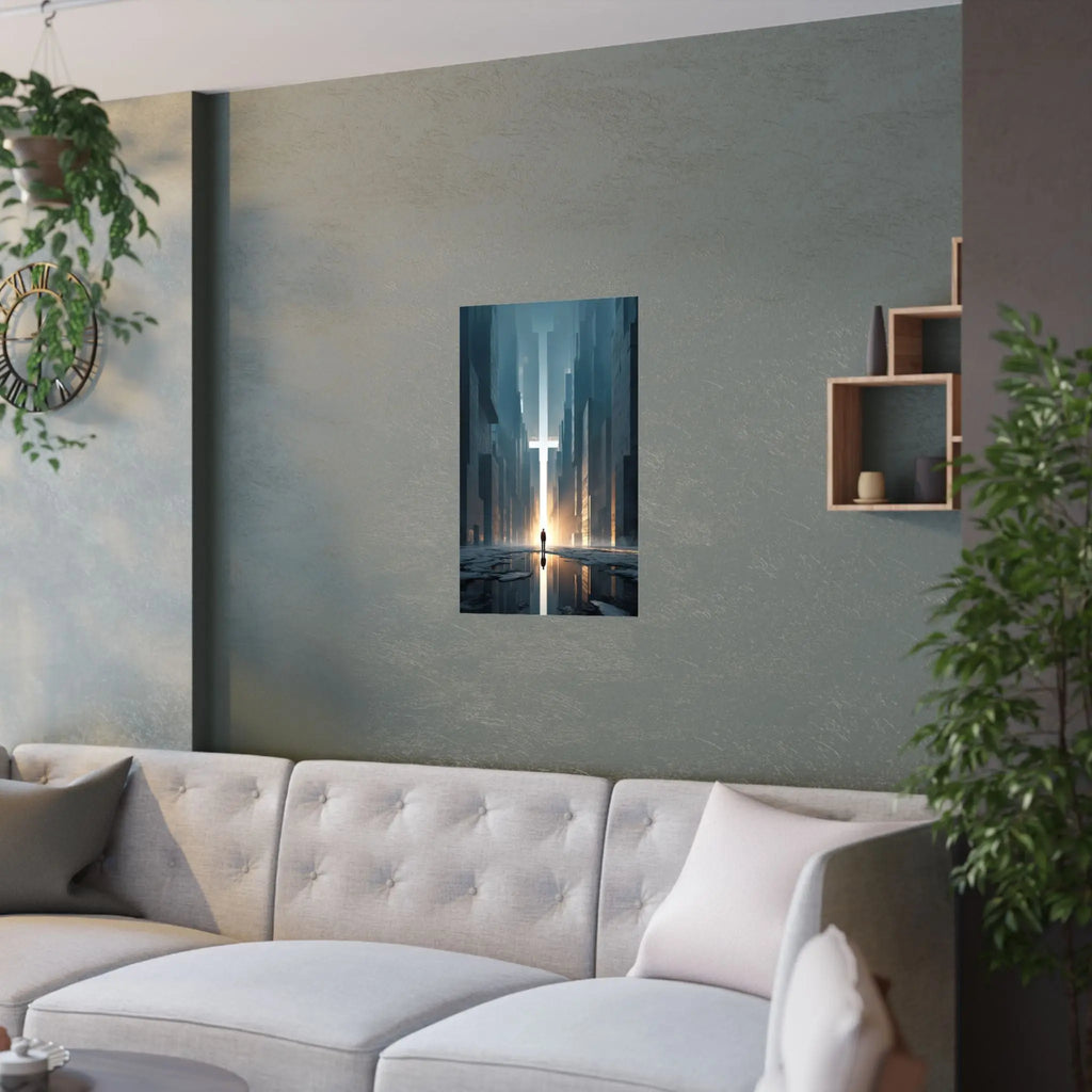 Satin Poster — Solitary Figure in Futuristic Cityscape (210gsm) Printify