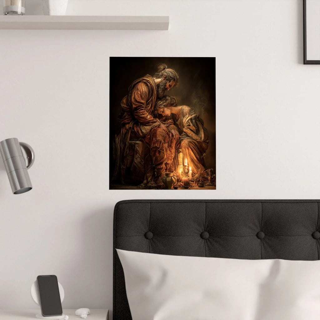 Satin Poster — Tender Candlelit Embrace Vintage Biblical Art Print Printify