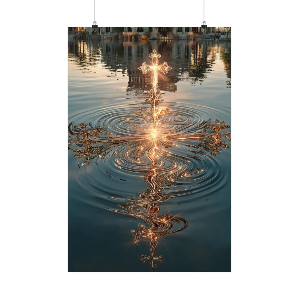Satin Poster — Golden Cross Water Reflection Art Print Printify