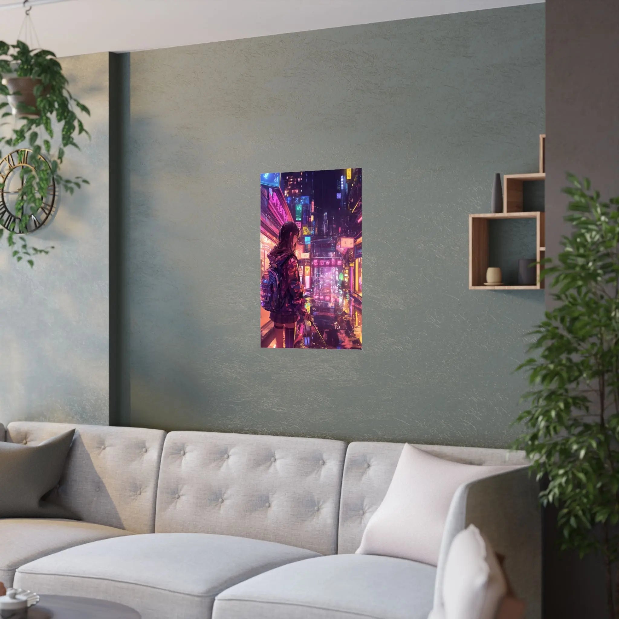 Satin Poster — Neon Cyber City Girl (210gsm) Printify