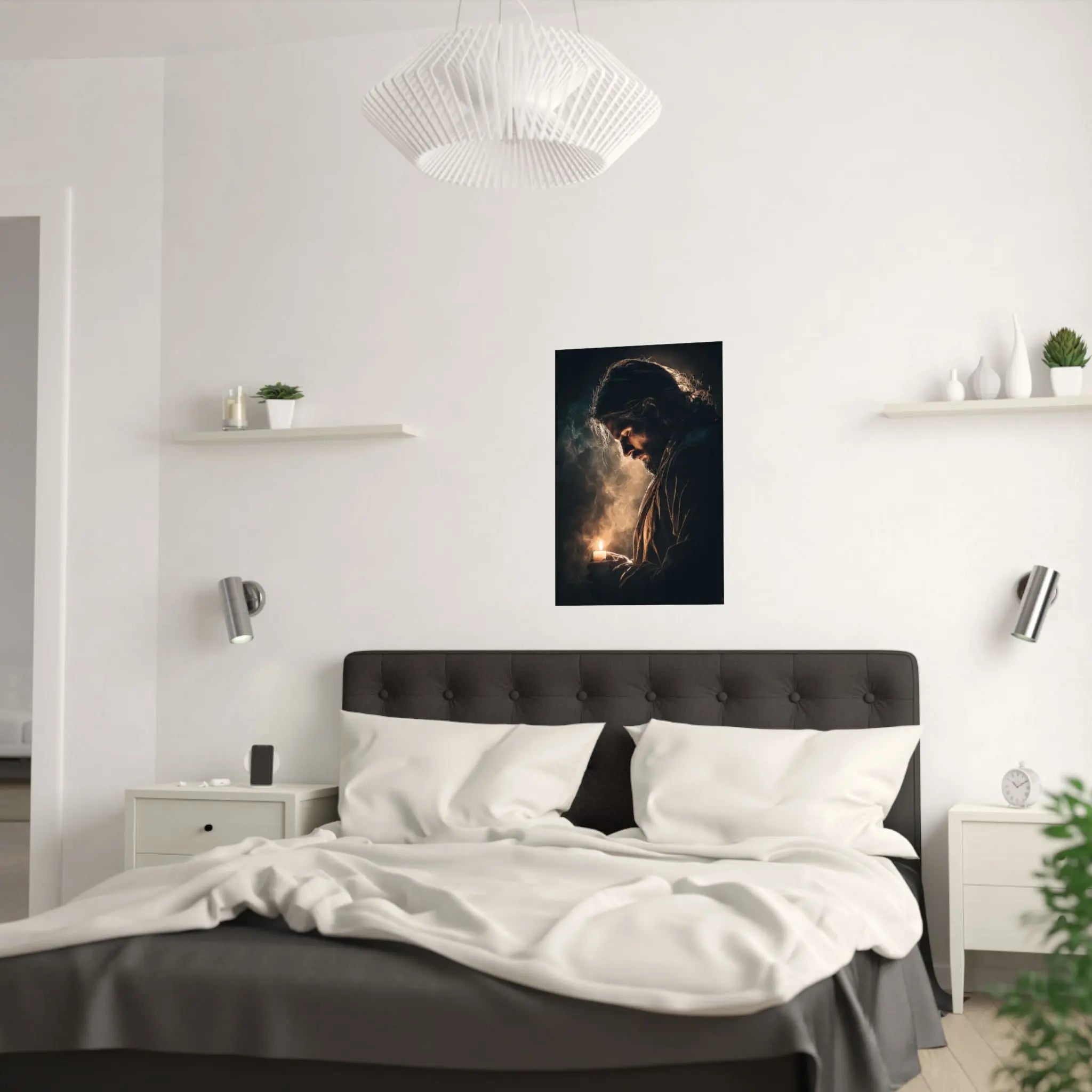 Religious Satin Poster — Jesus Holding Candle Wall Art Printify