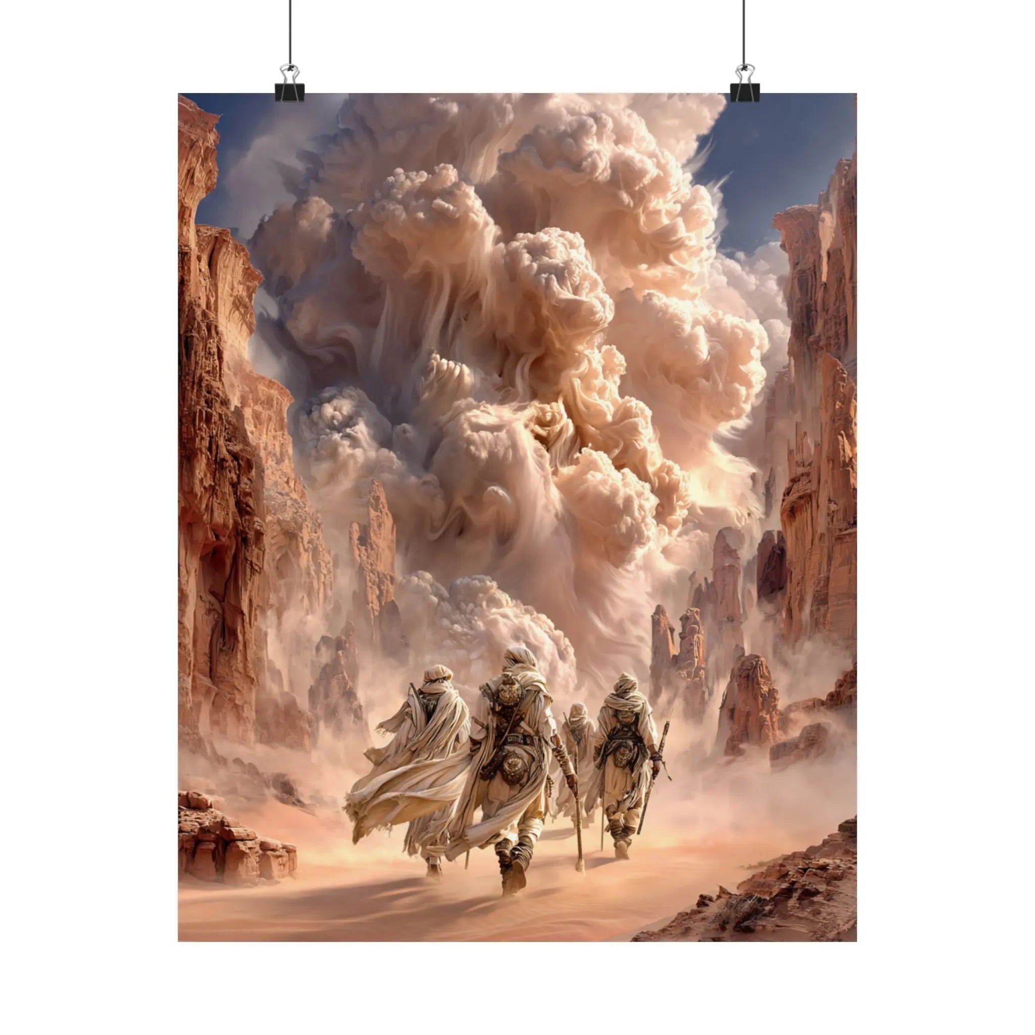 Desert Pilgrimage Satin Poster — Dramatic Sandstorm Fantasy Wall Art Printify