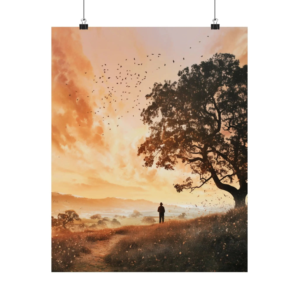 Sunset Solitude Satin Poster — Golden Sunset Tree Landscape Wall Art Printify