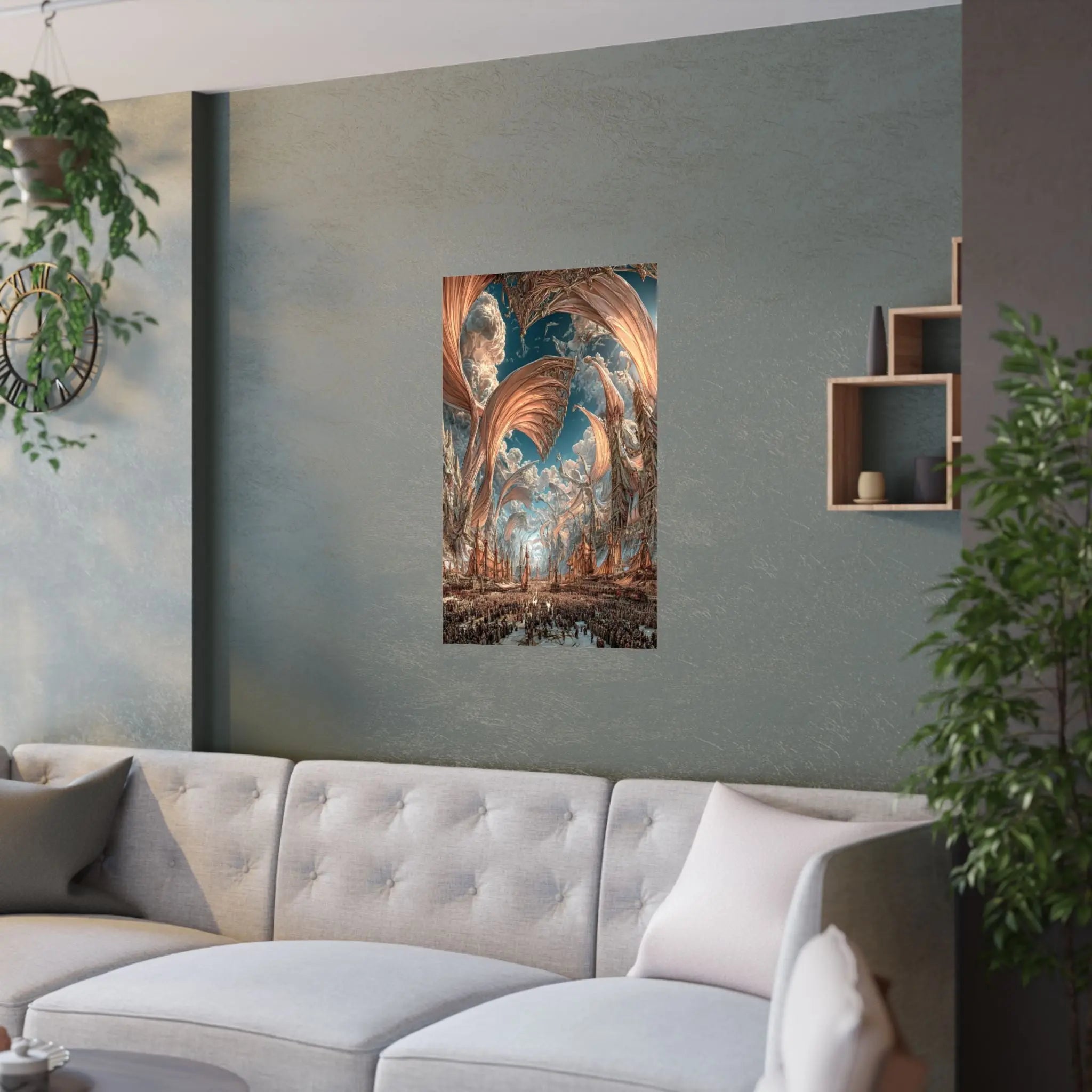 Surreal Cityscape Satin Poster — Dreamlike Bronze Canopy Art Print Printify