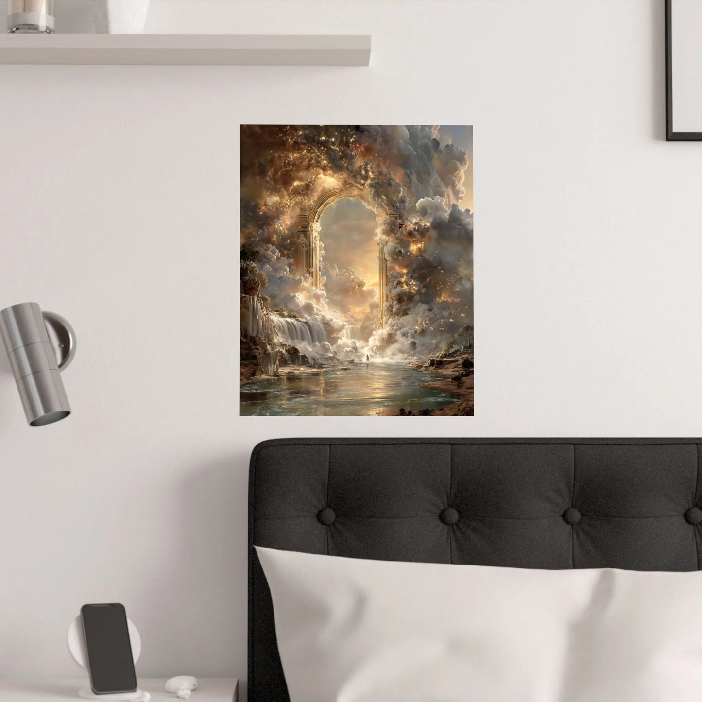 Heavenly Arch Satin Poster — Ethereal Golden Clouds & Waterfall Wall Art Printify