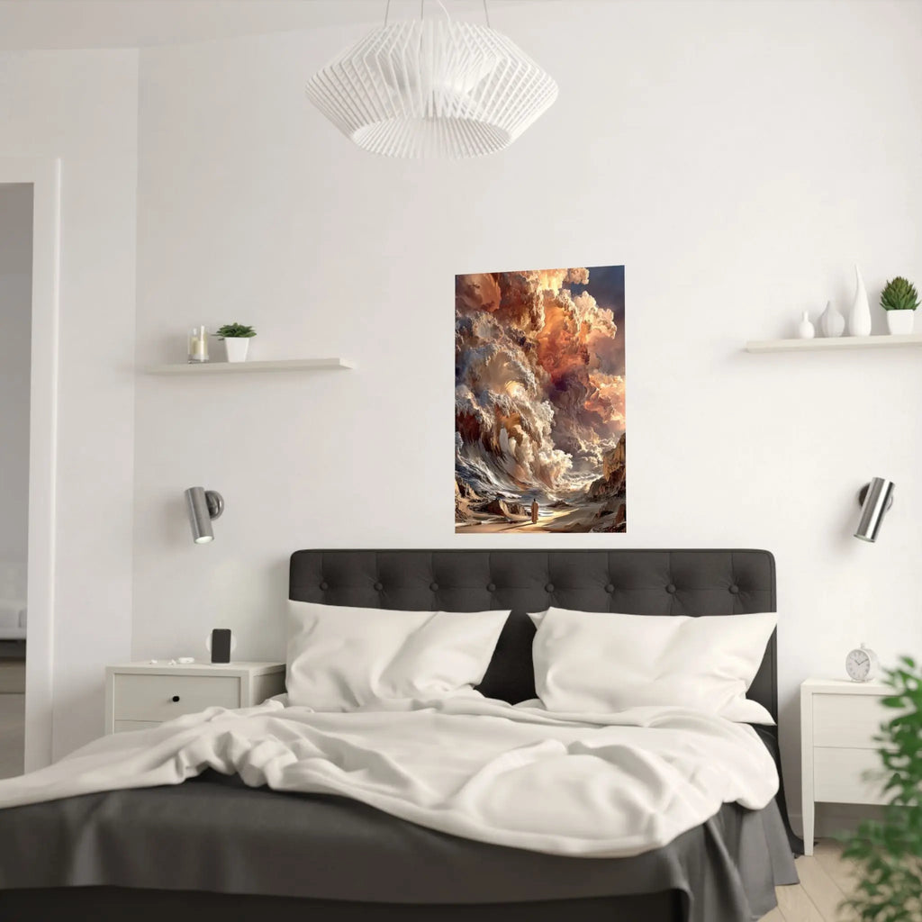Epic Fantasy Cloudscape Satin Poster — Lone Wanderer in Fiery Sky (210gsm) Printify
