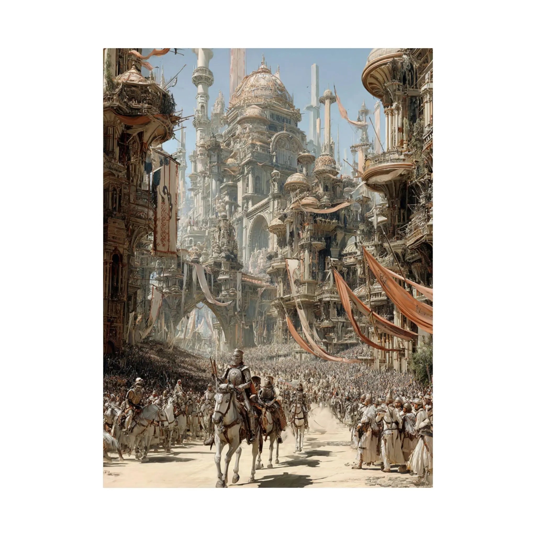 Fantasy City Parade Satin Poster — Epic Medieval Procession Wall Art 2 Printify