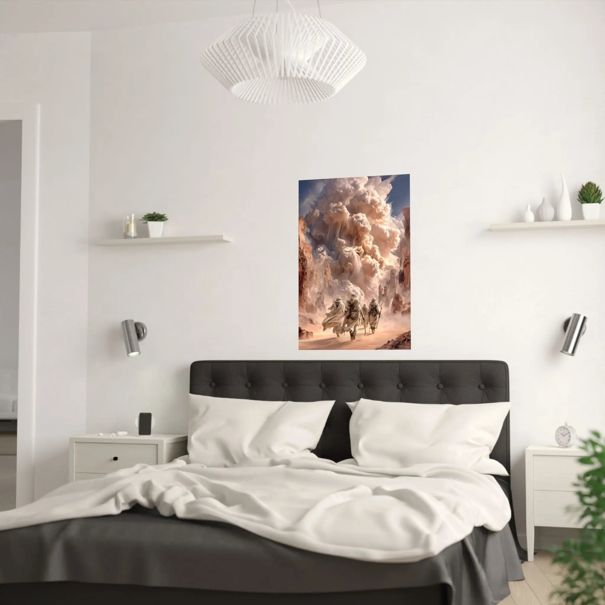Desert Pilgrimage Satin Poster — Dramatic Sandstorm Fantasy Wall Art Printify