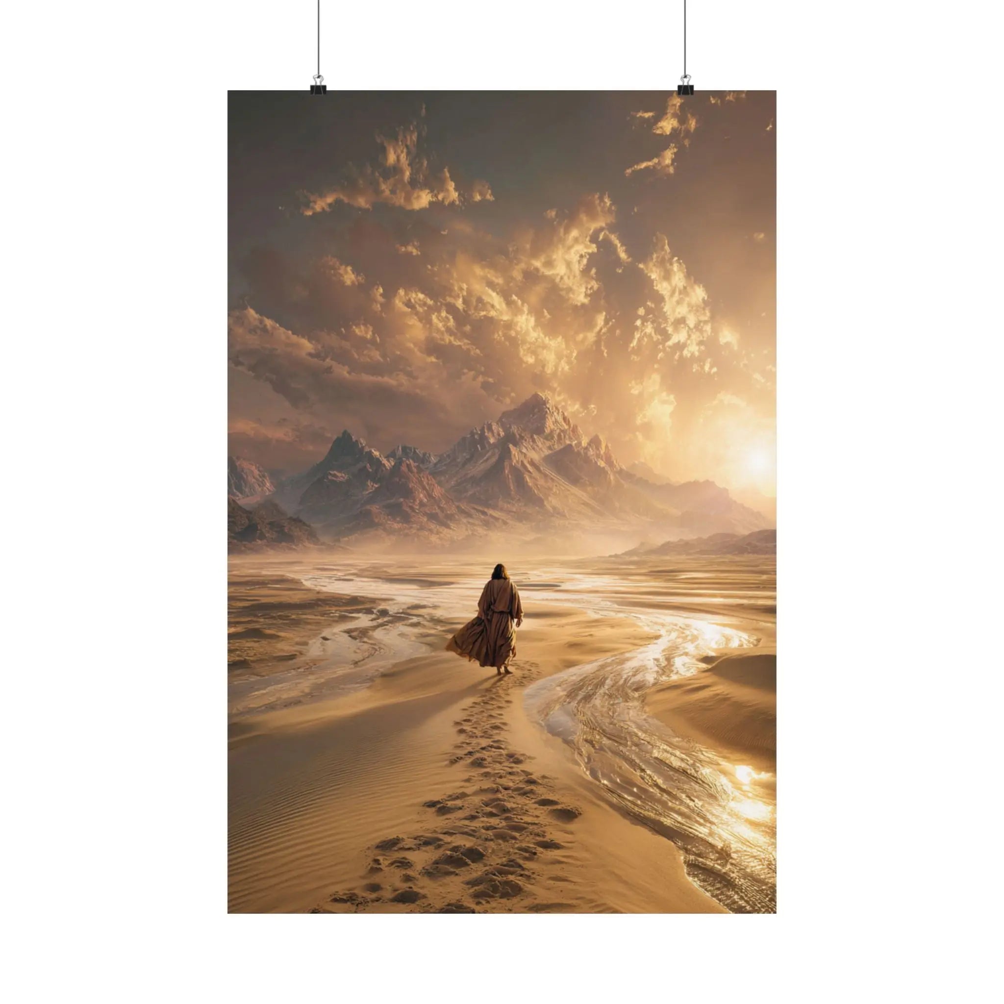 Jesus in The Dessert Satin Poster — Epic Sunset Landscape Wall Art (210gsm) Printify